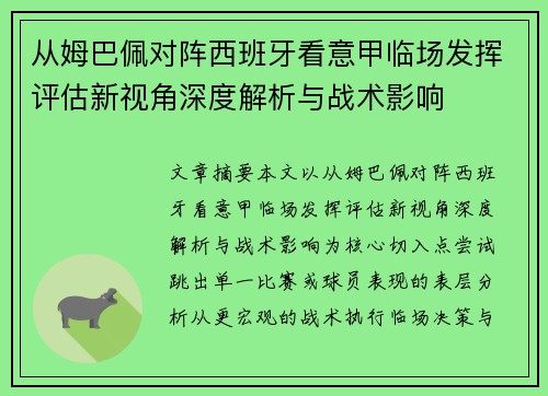 从姆巴佩对阵西班牙看意甲临场发挥评估新视角深度解析与战术影响